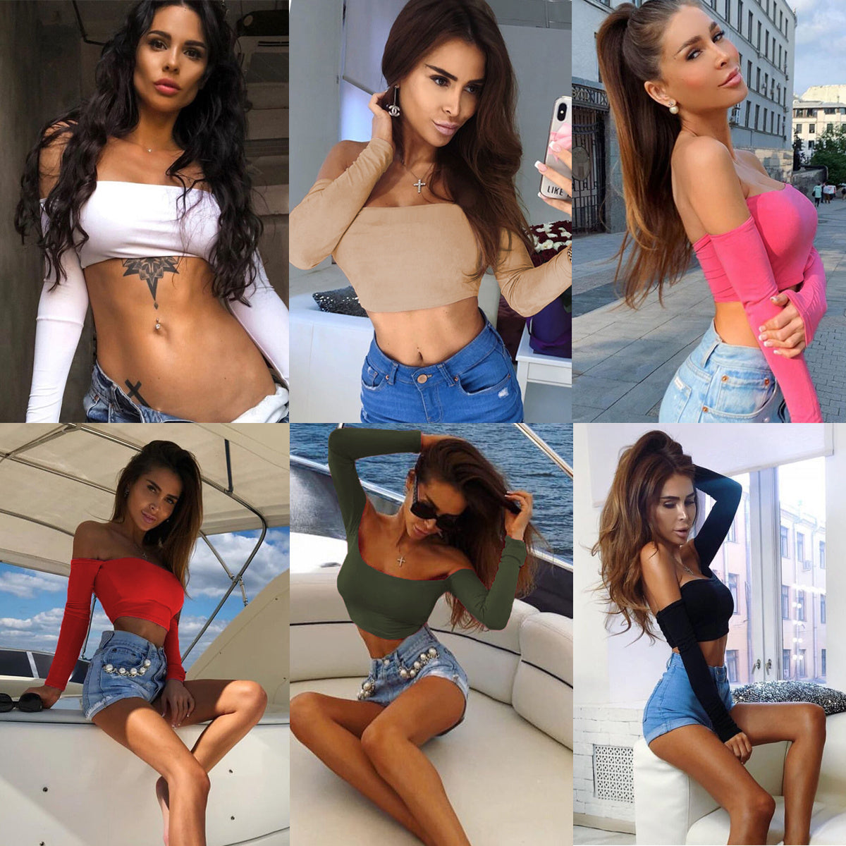 Top Court Épaules Dénudées – Manches Longues & Style Sexy