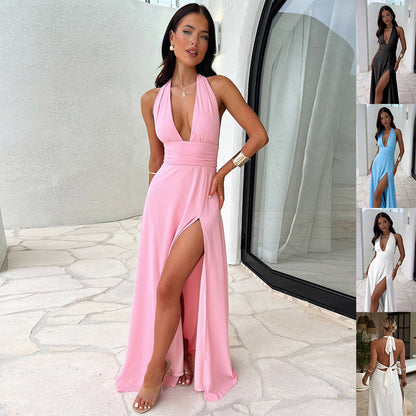 Robe Longue Fendue à Col V – Dos Nu Élégant Été
