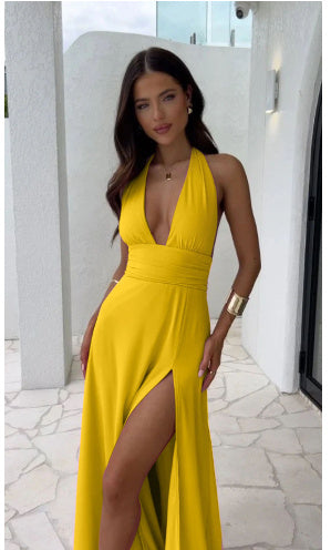 Robe Longue Fendue à Col V – Dos Nu Élégant Été